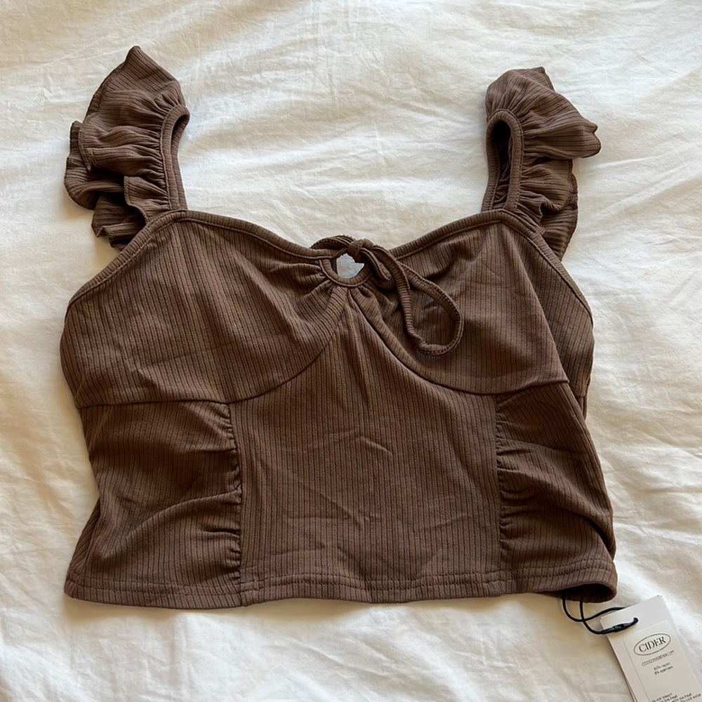 Cider Solid Ruffle Knotted Rib Tank Top